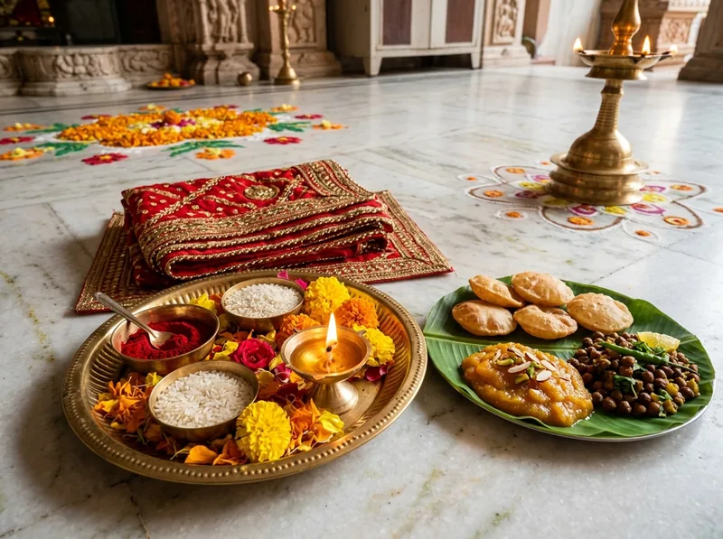 कन्या पूजन सात्विक भोग थाली — पूरी, हलवा, चना, चुनरी व दक्षिणा